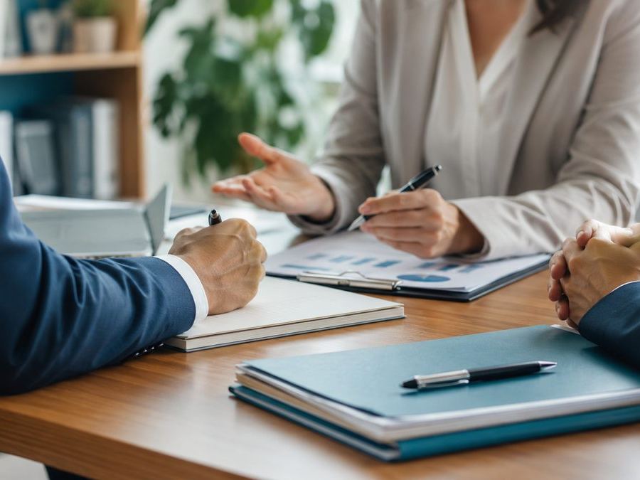 Three people meeting around a table with documents